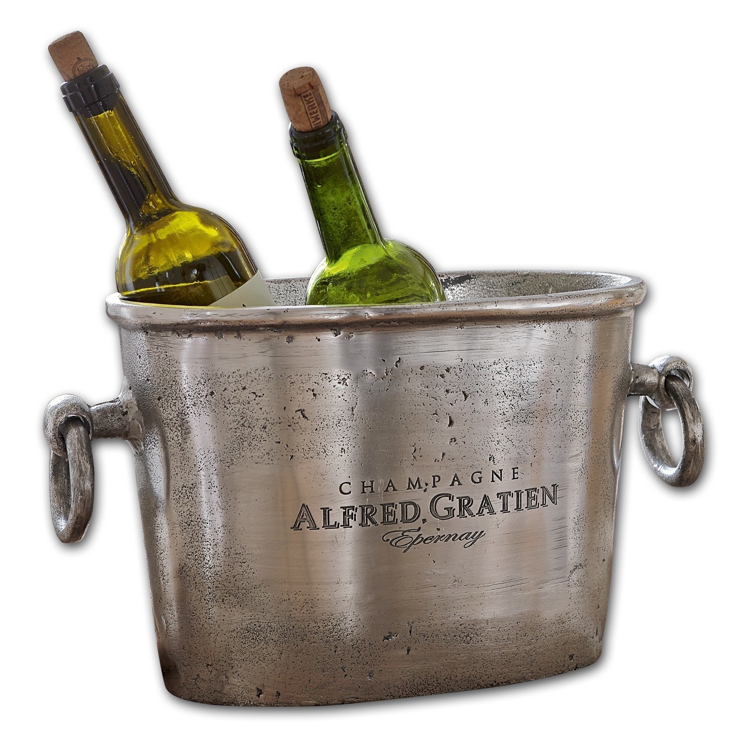 Sektkühler Alfred Metall-Champagnerkühler mit Alfred Gratien Schriftzug, silberfarben, mit zwei Weinflaschen und Korken