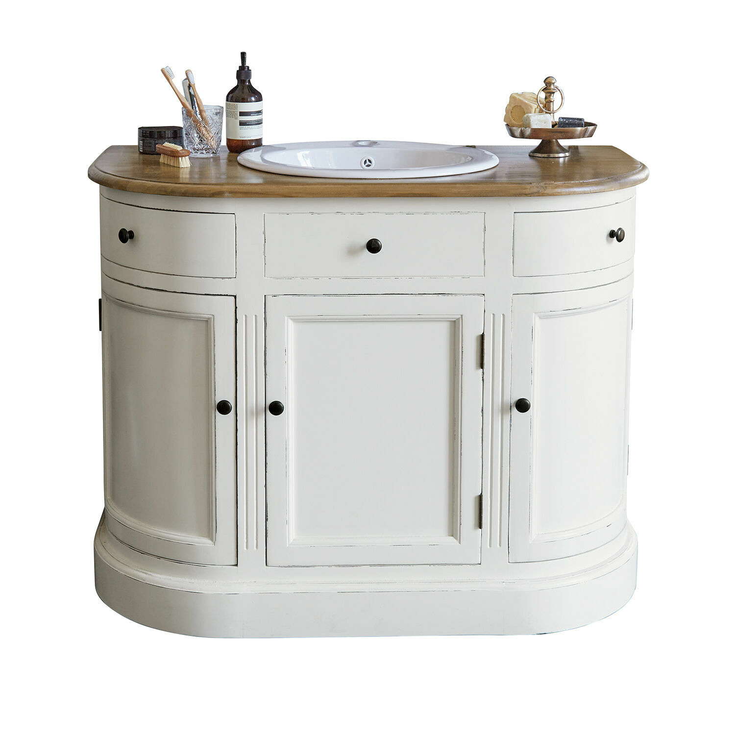 Waschtisch Louisiana Weisser Holz-Badezimmerschrank mit Waschbecken und Naturholzplatte im Vintage-Stil
