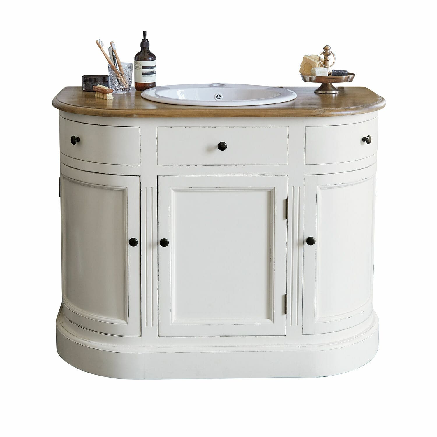 Waschtisch Louisiana Weisser Holz-Badezimmerschrank mit Waschbecken und Naturholzplatte im Vintage-Stil