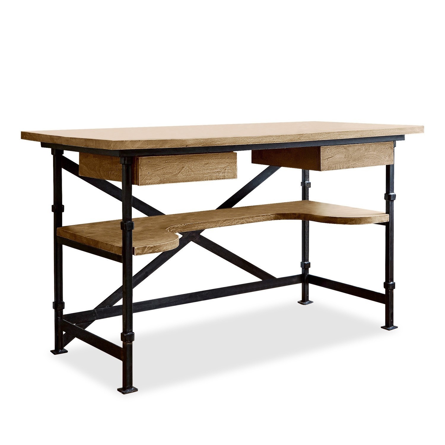 Schreibtisch Glenwood Schreibtisch aus Massivholz und schwarzem Metall mit Ablage, im industriellen Stil, Arbeitsmöbel