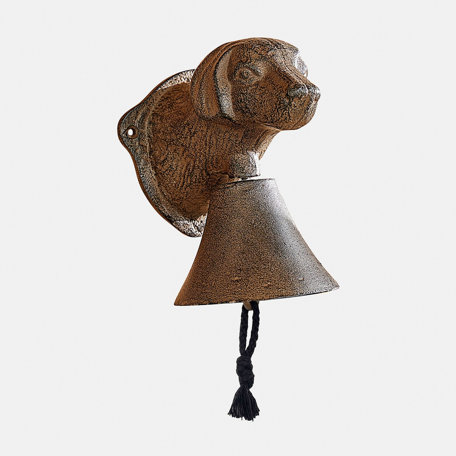 Braune Wandglocke aus Gusseisen mit Hundekopf und schwarzer Zugkordel