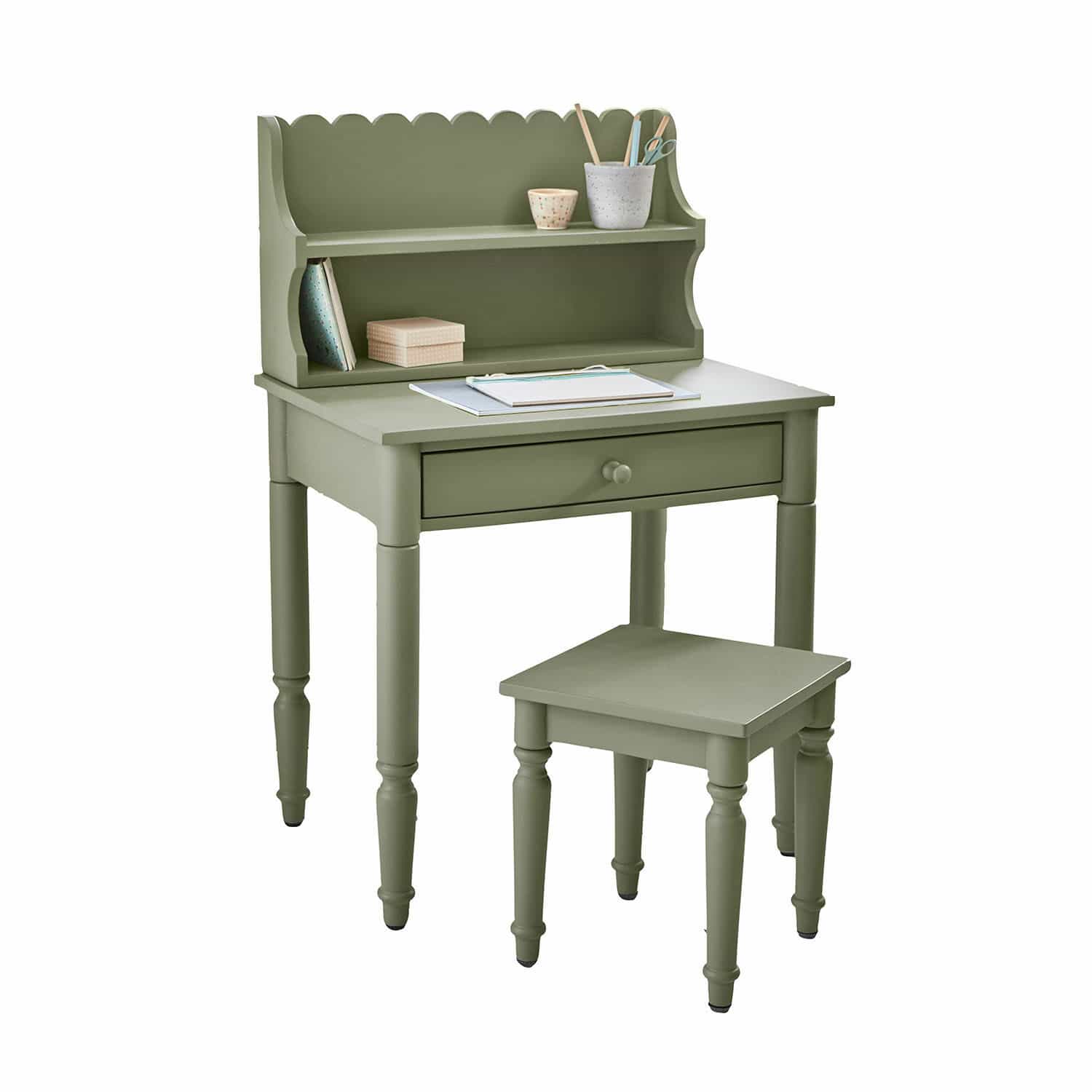 Grüner Holzschreibtisch mit Regalen und Hocker, praktisches Möbelstück für Zuhause und Büro