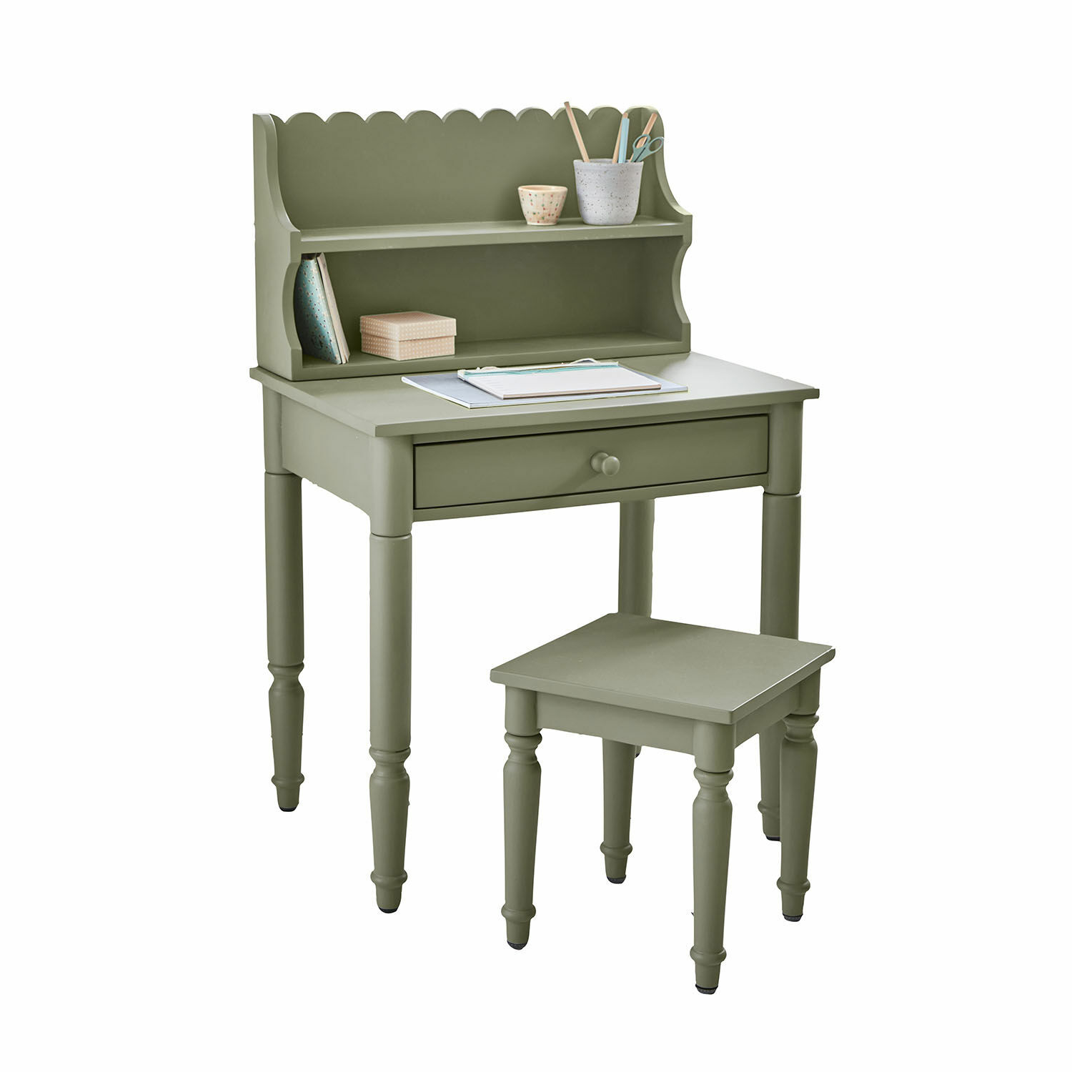 Schreibtisch Kystlund Grüner Holzschreibtisch mit Regalen und Hocker, praktisches Möbelstück für Zuhause und Büro