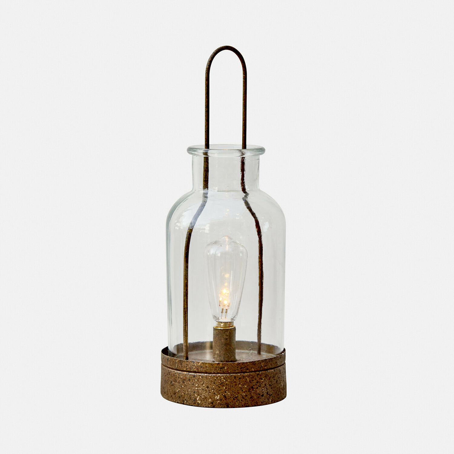 LED-Laterne Falirah Glaslaterne mit rostfarbener Metallbasis, dekorative LED-Lampe für Innen- und Außenbereich