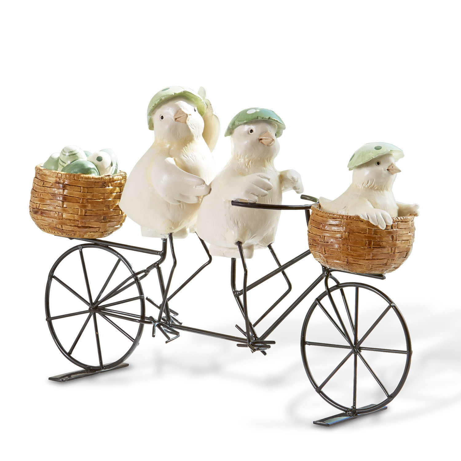 Küken Family Tour Metall- und Keramikdekoration mit drei weissen Vögeln auf Fahrrad, grünen Helmen und geflochtenen Körben