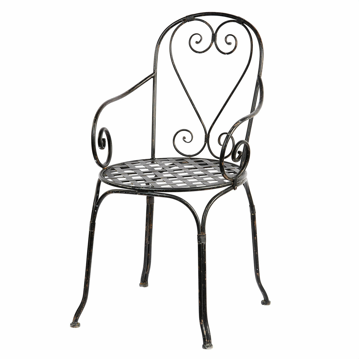 Schwarzer Metall-Gartenstuhl mit Gitter-Sitzfläche und dekorativen Schnörkeln, Metallmöbel