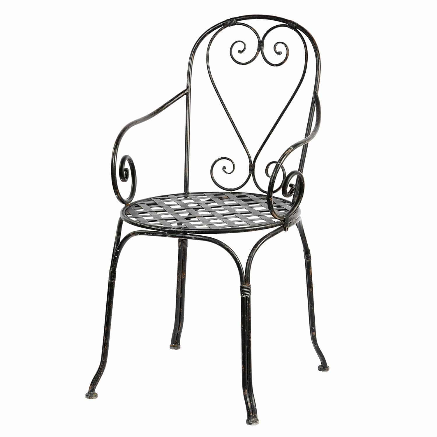 Stuhl Aube Schwarzer Metall-Gartenstuhl mit Gitter-Sitzfläche und dekorativen Schnörkeln, Metallmöbel