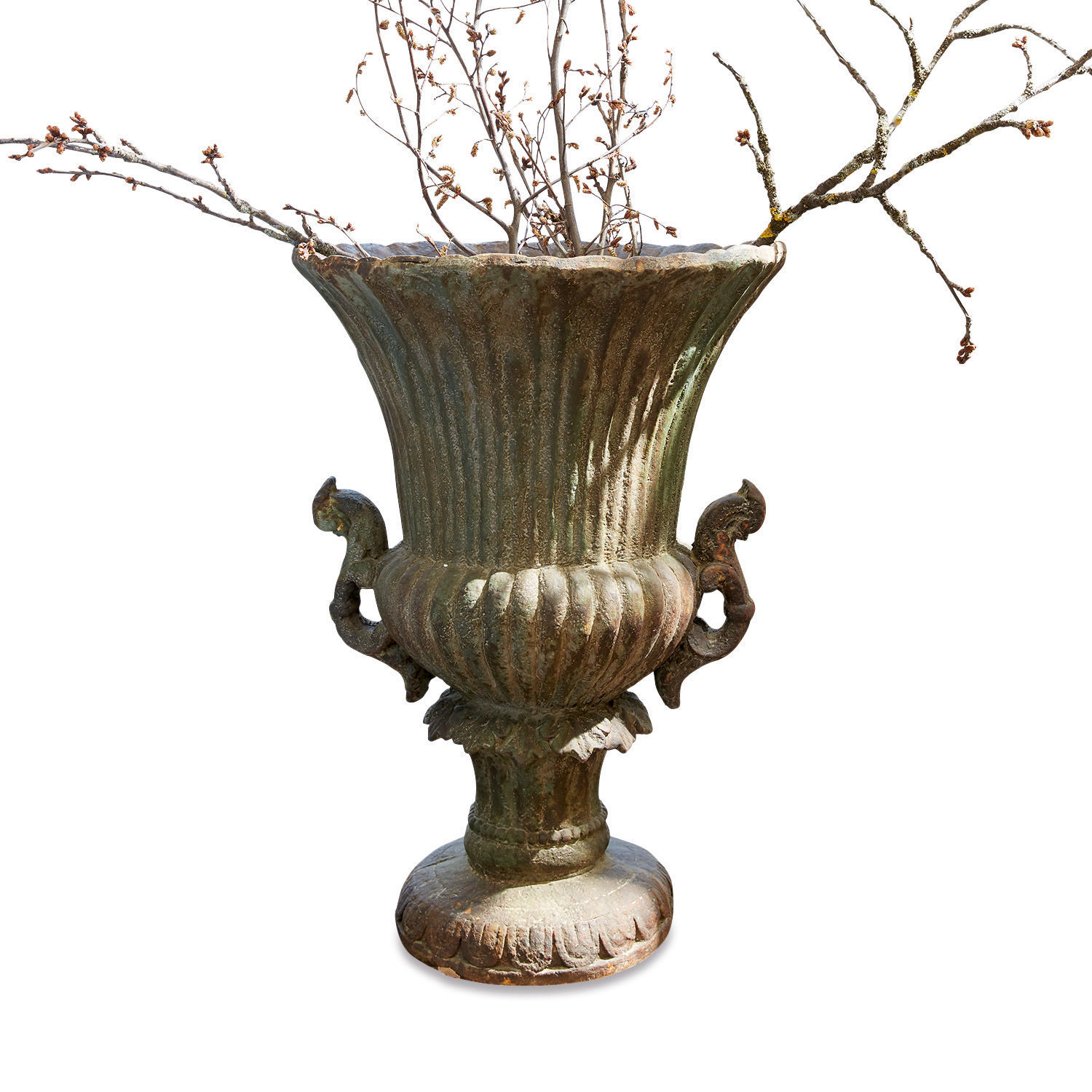 Amphore Estefanie Grosse dekorative Metallvase in Patinagrün mit Zweigen als Dekoration für Haus und Garten