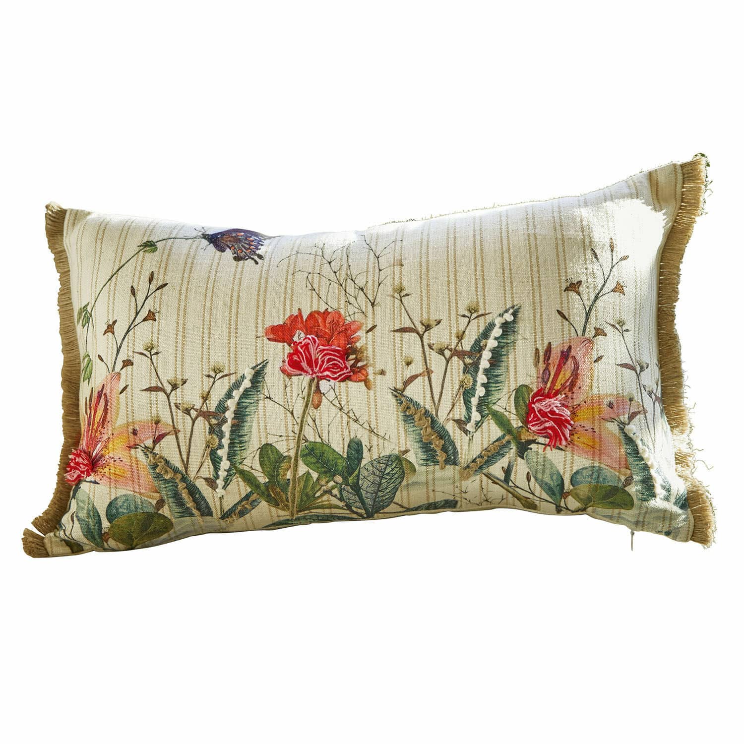 Kissenhülle Floriania Rechteckiges Baumwollkissen in Beige mit Streifen, Blumenmuster und dekorativen Fransen