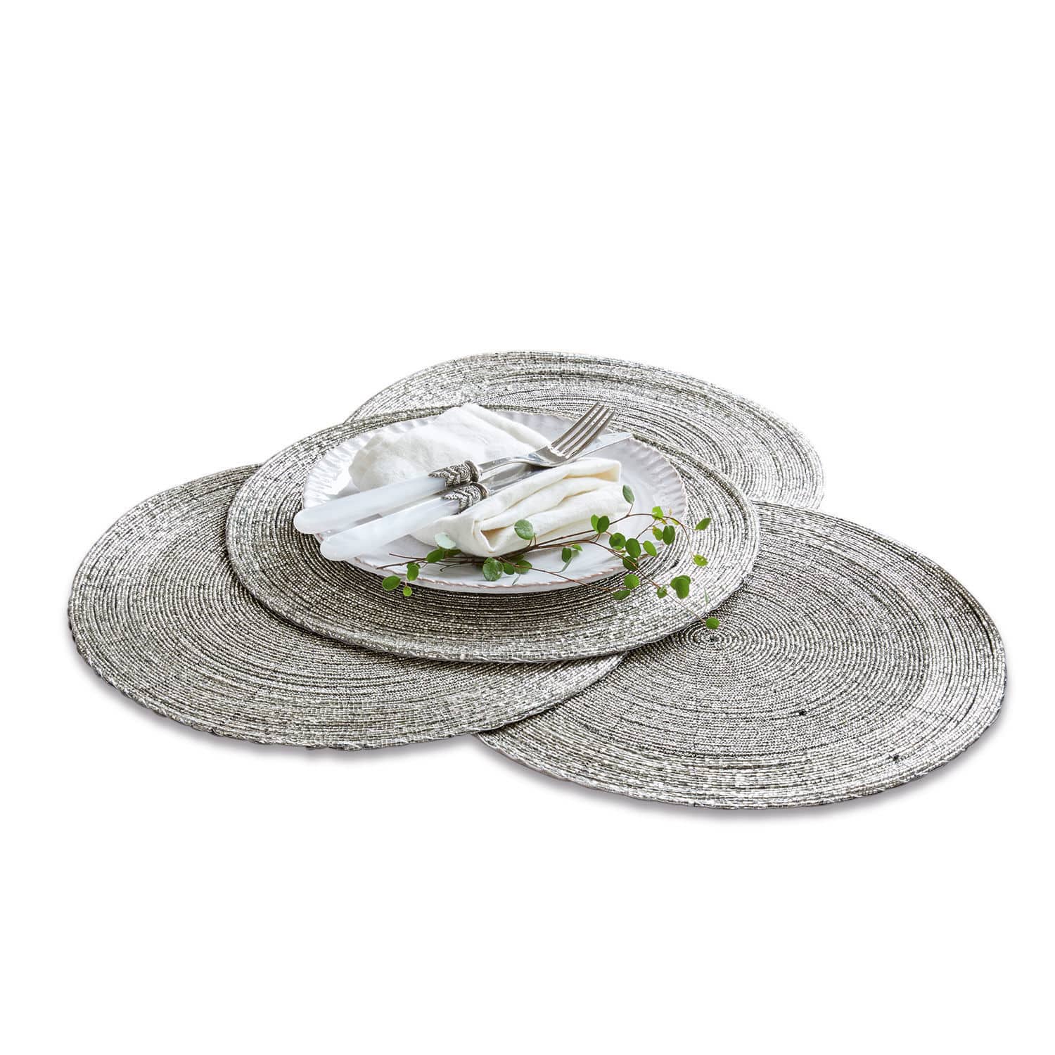Platzset 4er Set Barningham Set aus drei runden, silbernen Tischsets aus geflochtenem Material für eine stilvolle Tischdekoration