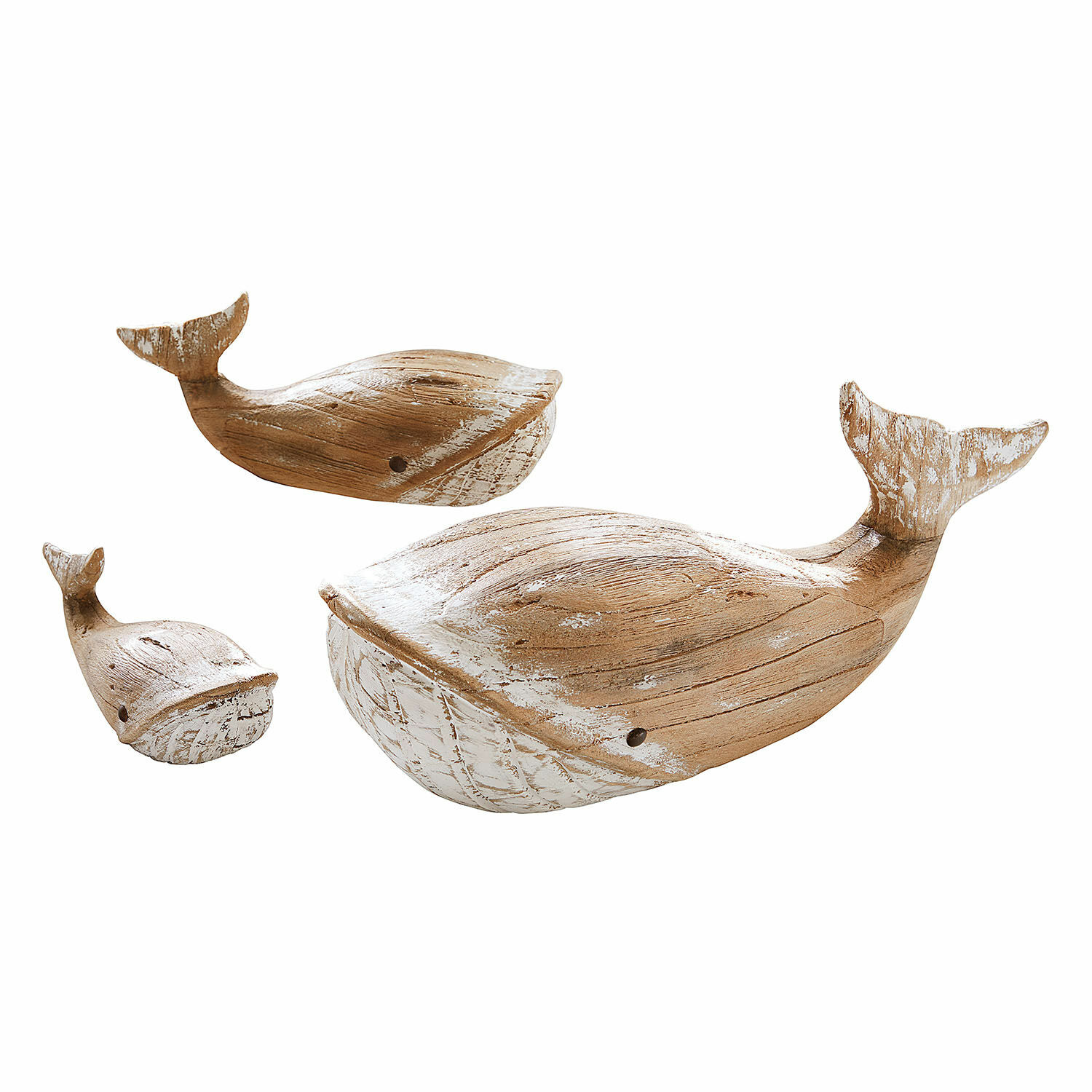 Deko-Wal 3er Set Breezie Set aus drei Holz-Wal-Dekorationen in Naturfarbe mit weisser Patina, stilvolle Wohnaccessoires.