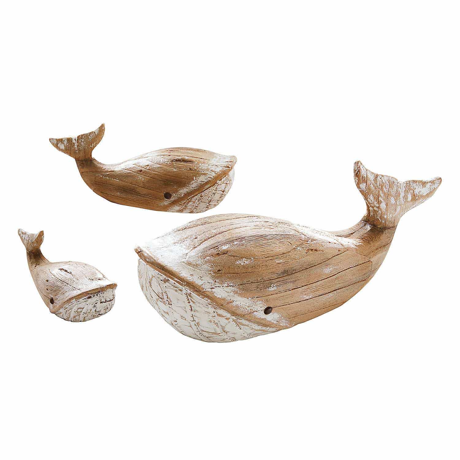 Deko-Wal 3er Set Breezie Set aus drei Holz-Wal-Dekorationen in Naturfarbe mit weisser Patina, stilvolle Wohnaccessoires.
