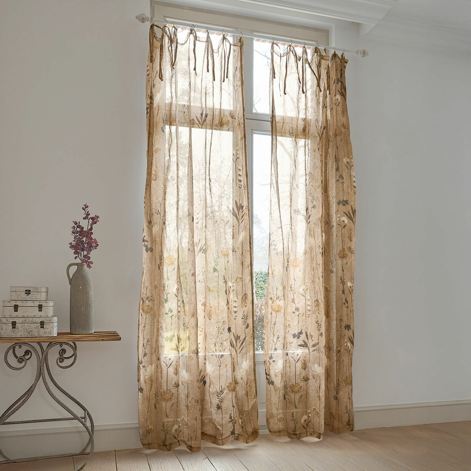 Gardine Norivelle Transparente Leinenvorhänge in Beige mit floralem Muster zur Fensterdekoration