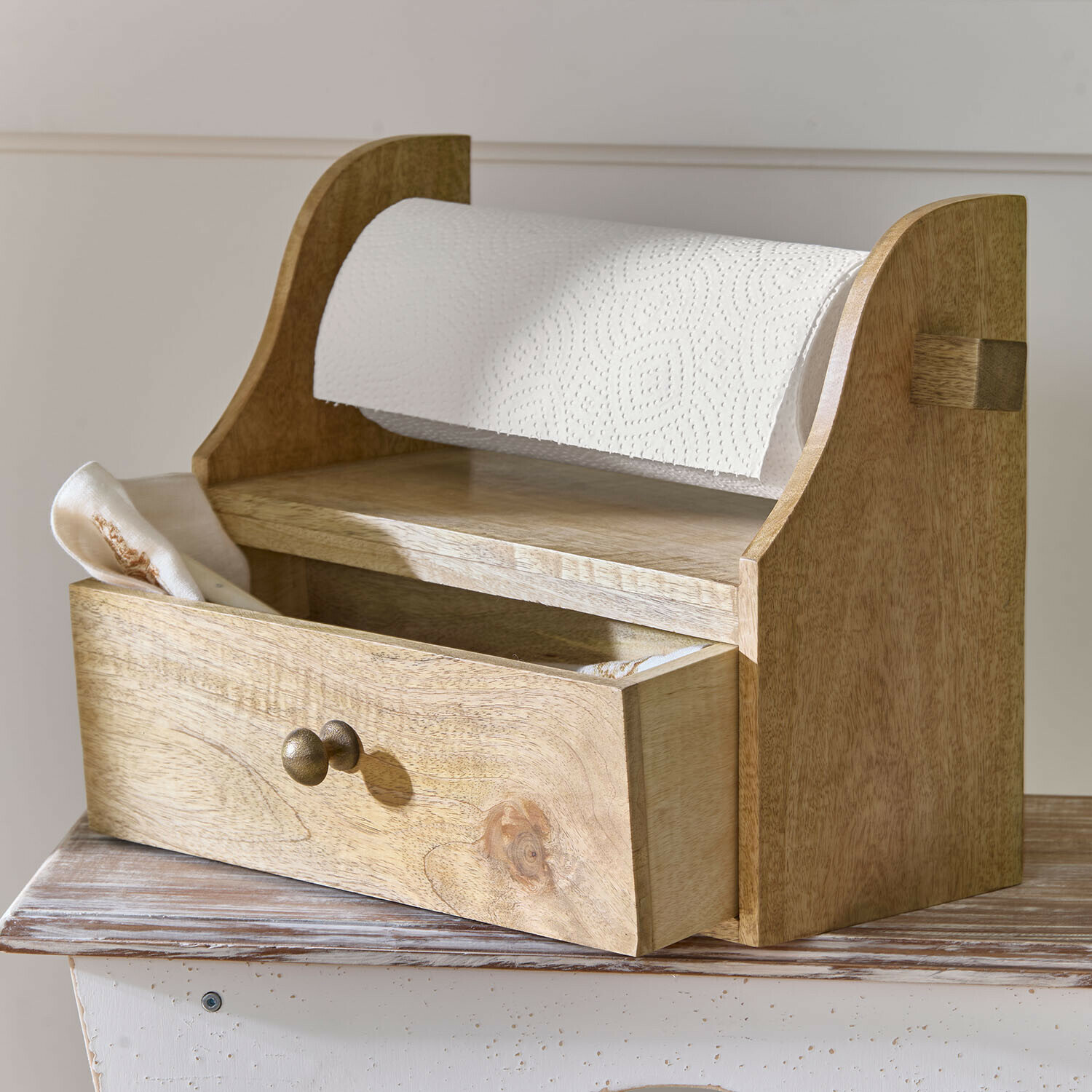 Organizer Roisenn Holzhalter für Küchenpapier mit Schublade für Servietten, naturfarbener Küchenorganizer