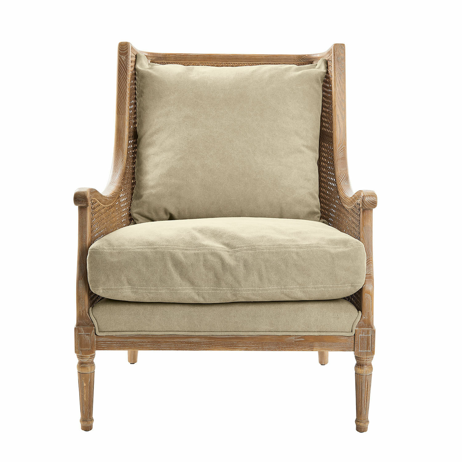 antikbraun/beige Sessel Greenbrier mit beigem Stoff und antikbraunem Holz, elegantes Wohnzimmermöbel.