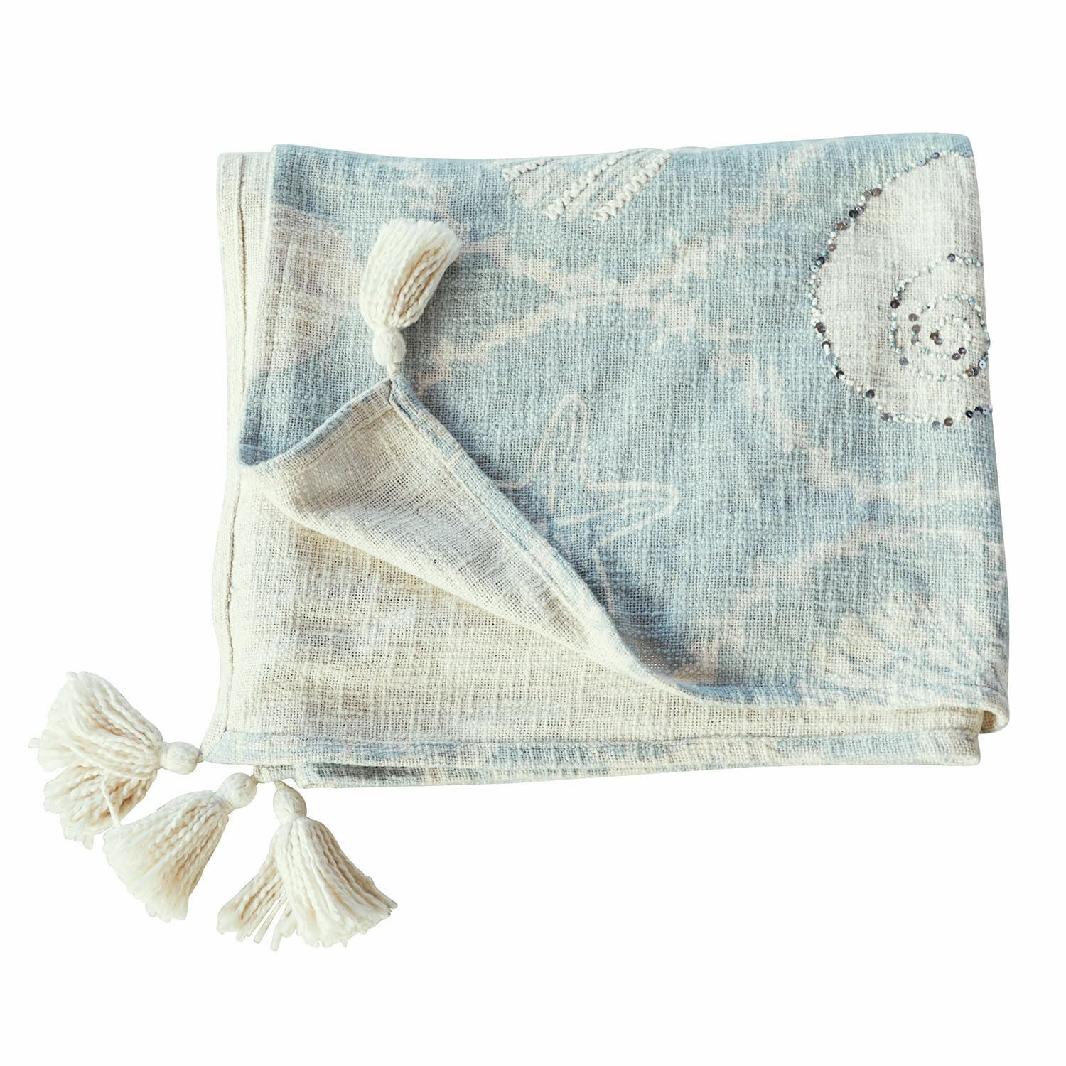 Plaid Calerand Hellblauer und cremefarbener Baumwollplaid mit Quasten und Muschelmotiv für die Wohnraumdekoration