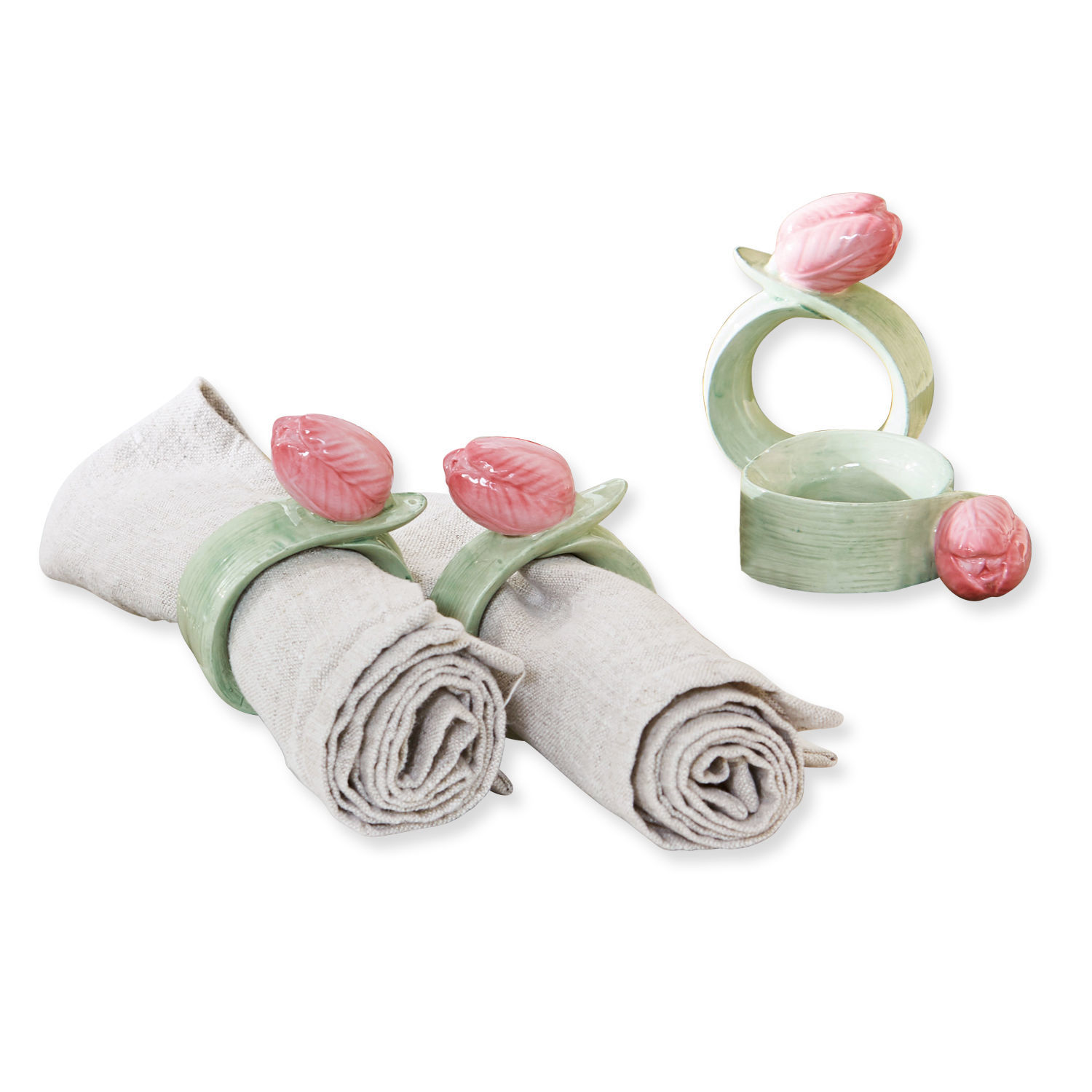 Serviettenringe 4er Set Monique Set aus Keramik-Serviettenringen mit rosa Blüten und grünen Blättern zur Tischdekoration