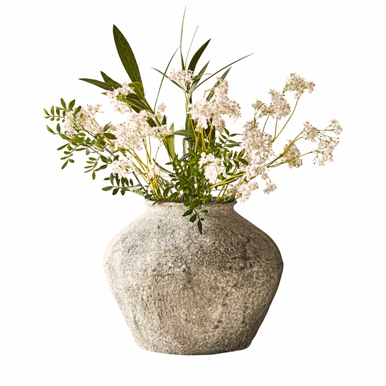 Vase Champs Dekorative graue Steinvase mit weissen Blumen und grünen Blättern für die Wohnraumgestaltung