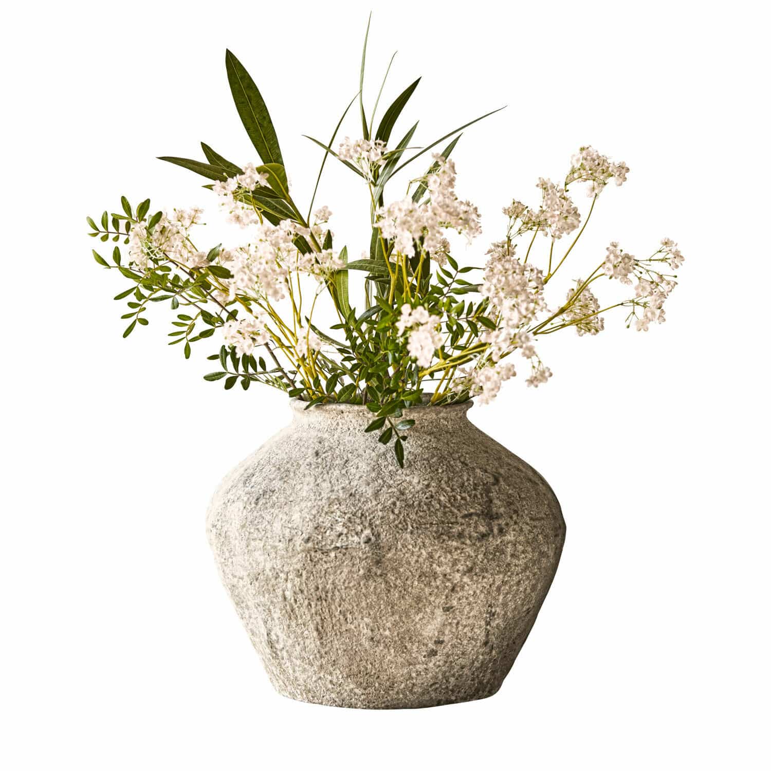 Vase Champs Dekorative graue Steinvase mit weissen Blumen und grünen Blättern für die Wohnraumgestaltung