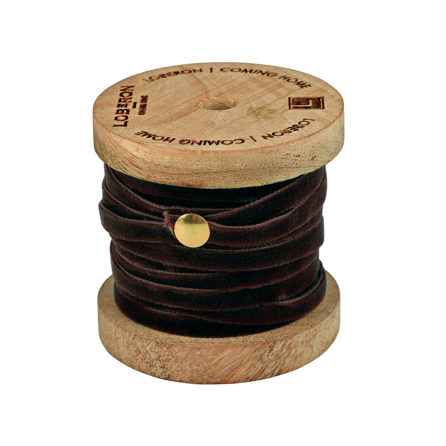 Braunes Samtband Olessa auf Holzspule, dekoratives Band für Basteln und Dekoration