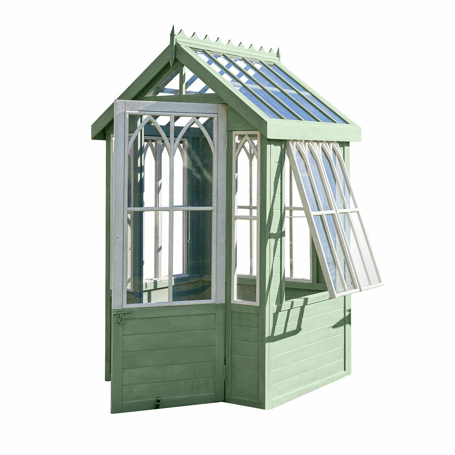 Gartenhaus Anyós Kleines Gartenhaus aus grünem Holz mit weissen Fenstern und aufklappbarem Fenster