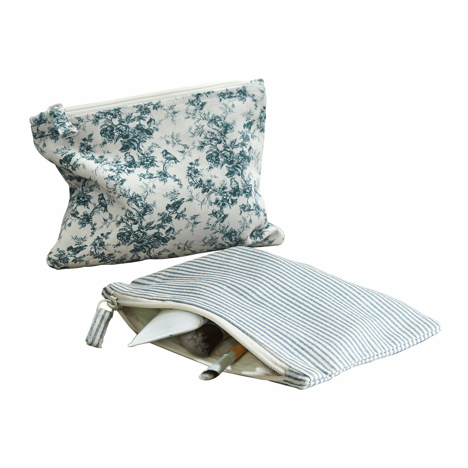 Täschchen 2er Set Emilie Zwei Kosmetiktäschchen aus Baumwolle mit blau-weiss gestreiftem und geblühtem Muster für Make-up