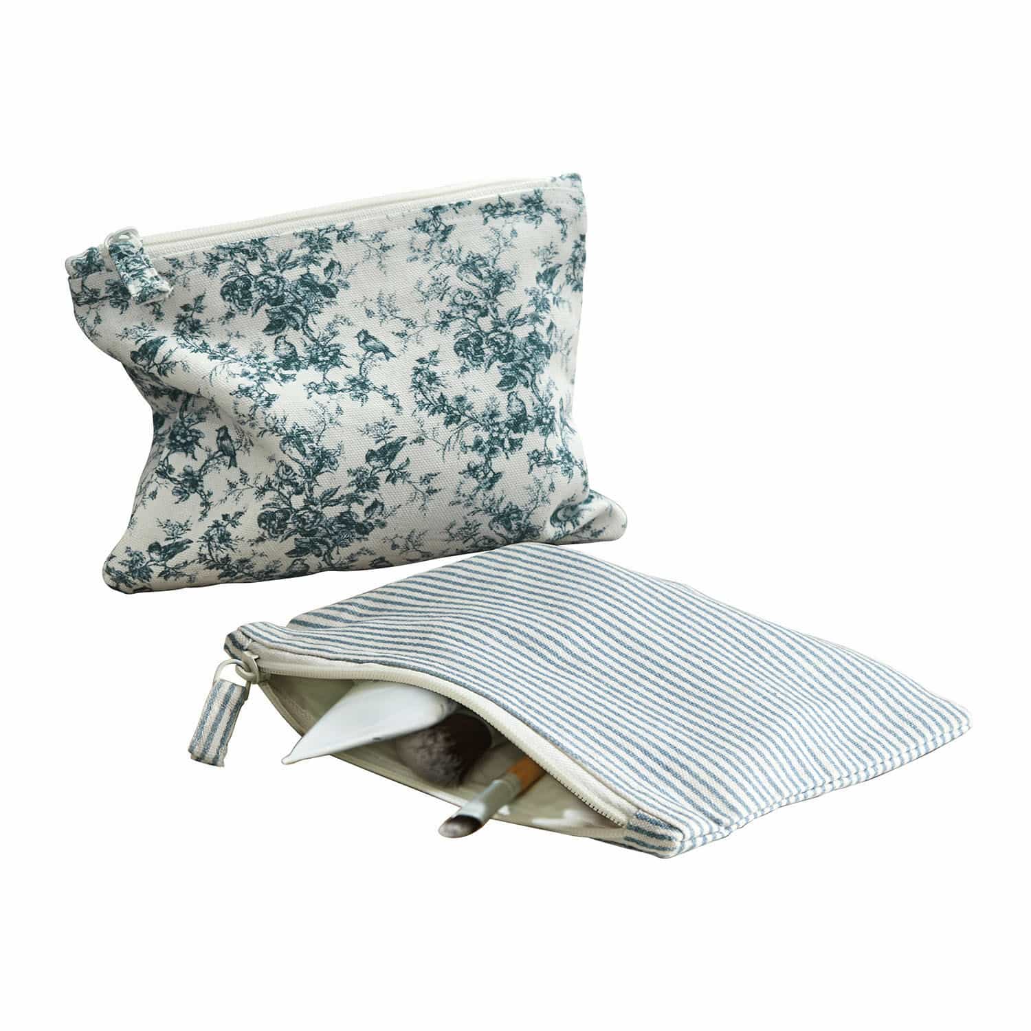 Täschchen 2er Set Emilie Zwei Kosmetiktäschchen aus Baumwolle mit blau-weiss gestreiftem und geblühtem Muster für Make-up