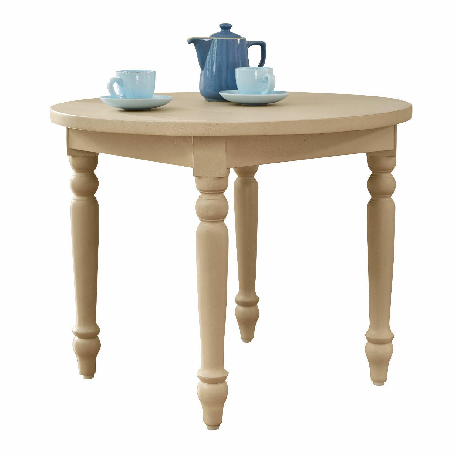 Kindertisch Sourila Beiger, runder Holztisch mit verzierten Beinen, ideal für Kaffee und Tee im Wohnzimmer.