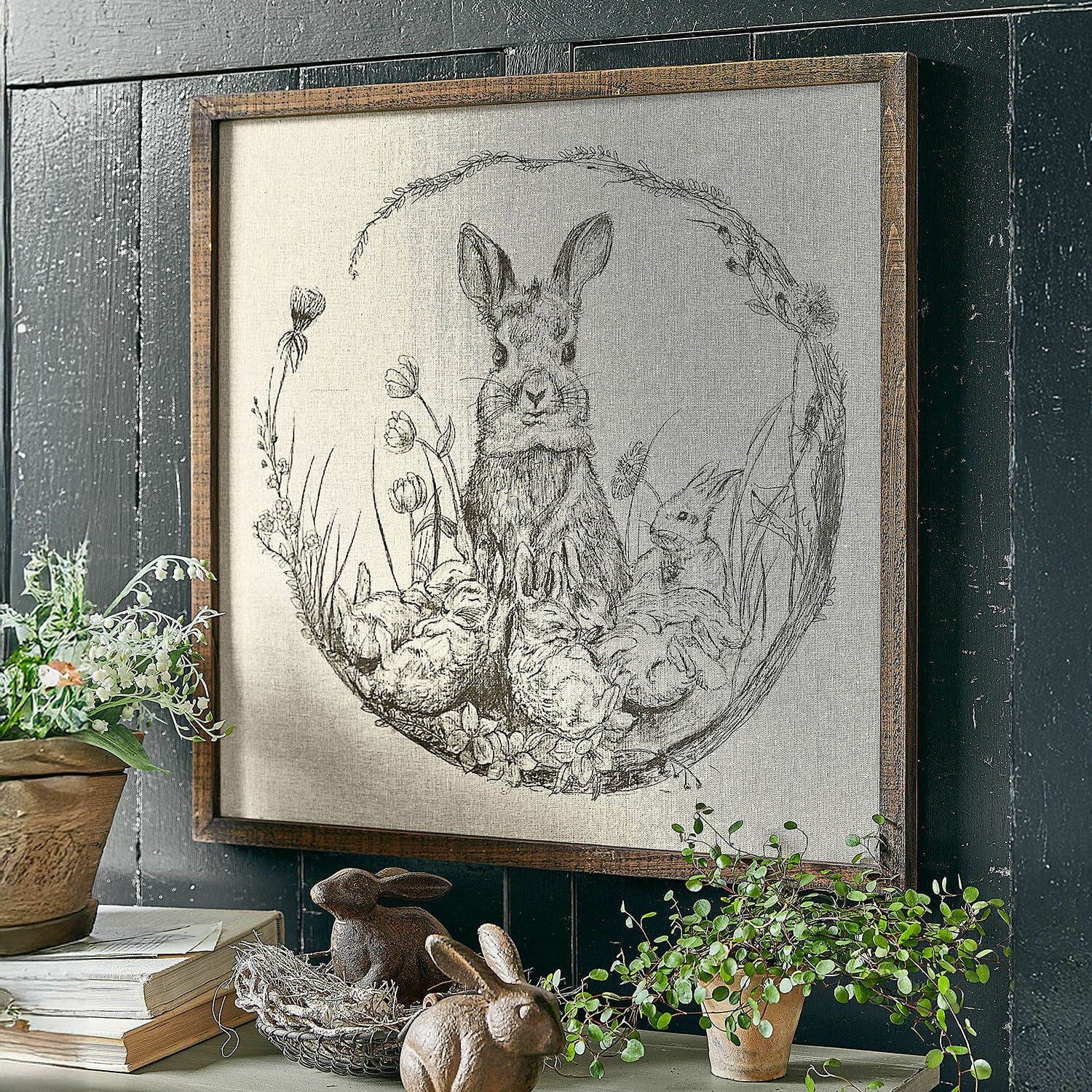 Bild Orolac Bild mit Hasen- und Blumenmotiven im Holzrahmen, rustikale Wanddekoration