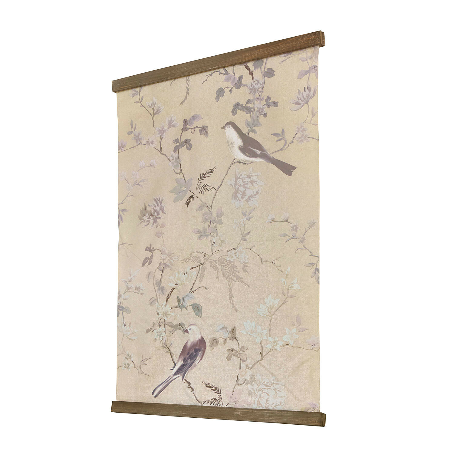 Bild Florémont Dekorativer Wandbehang aus beigem Stoff mit Vogel- und Blumenmotiv, Holzrahmen oben und unten