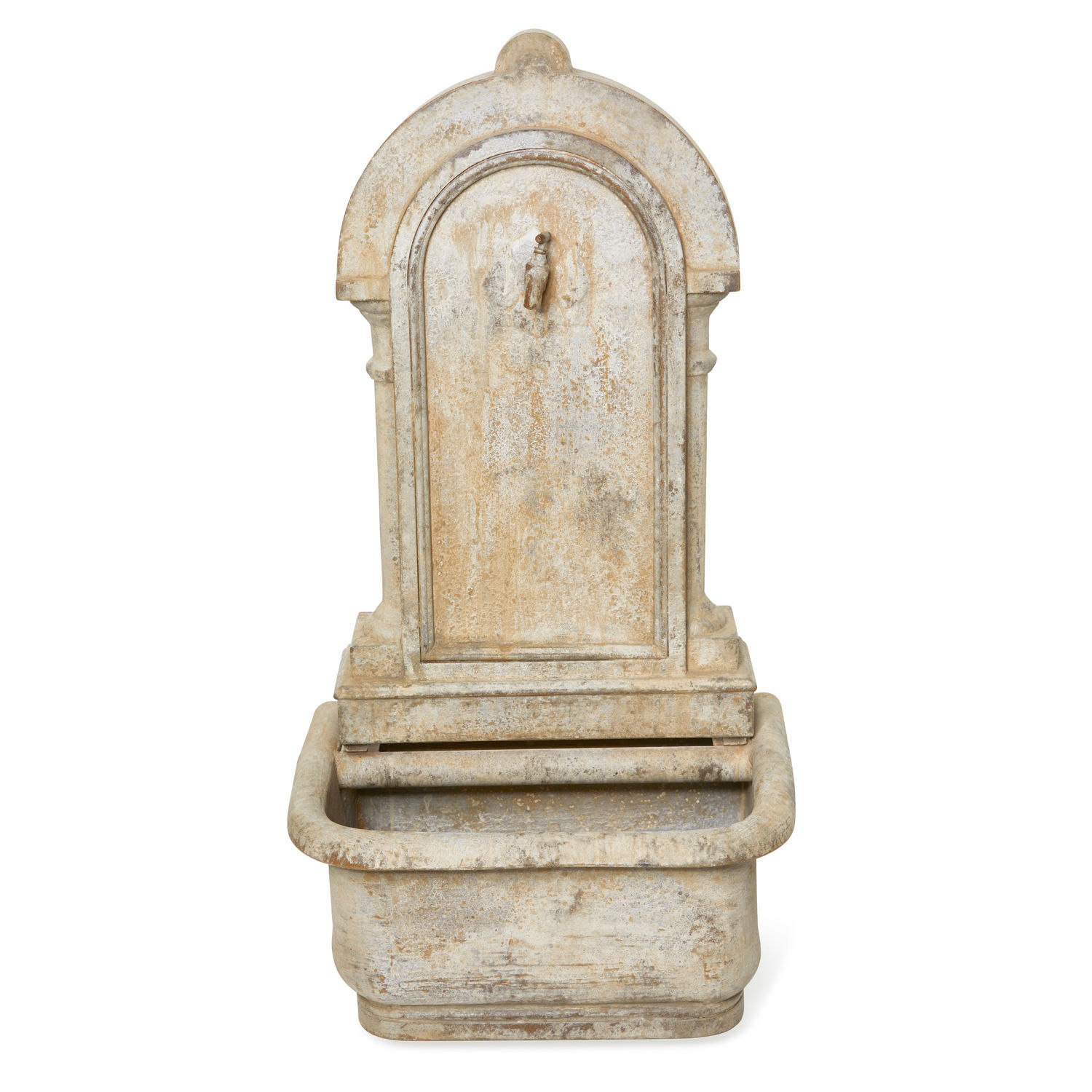 Wandbrunnen Ivera Dekorativer Gartenbrunnen aus beigem Stein im rustikalen Stil, Dekoration für den Aussenbereich