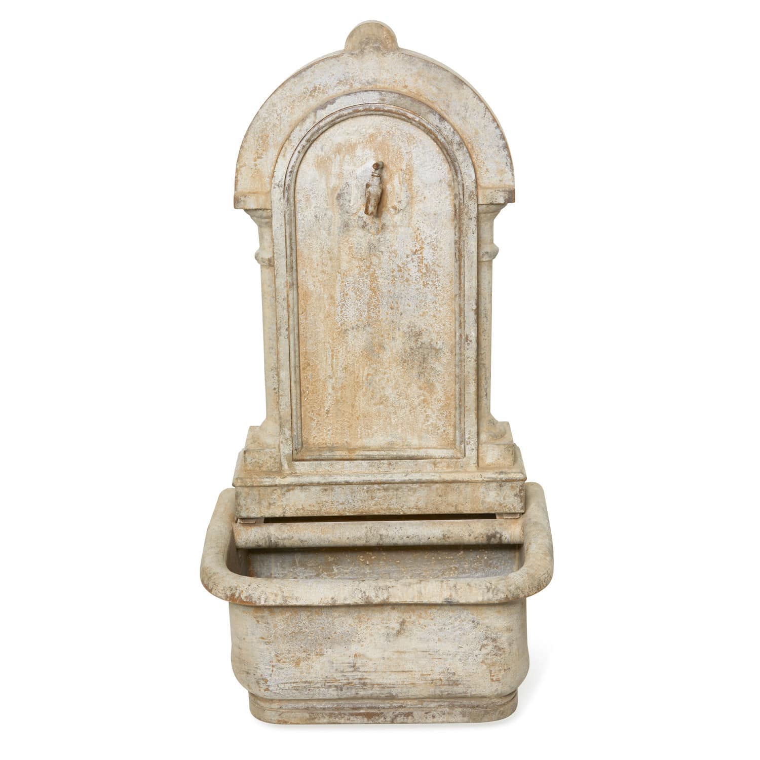Wandbrunnen Ivera Dekorativer Gartenbrunnen aus beigem Stein im rustikalen Stil, Dekoration für den Aussenbereich