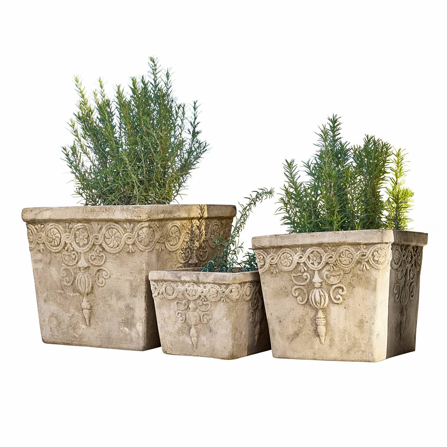 Übertopf 3er Set Bissone Set aus drei dekorativen Blumentöpfen aus beigem Beton mit grünen Pflanzen für den Garten