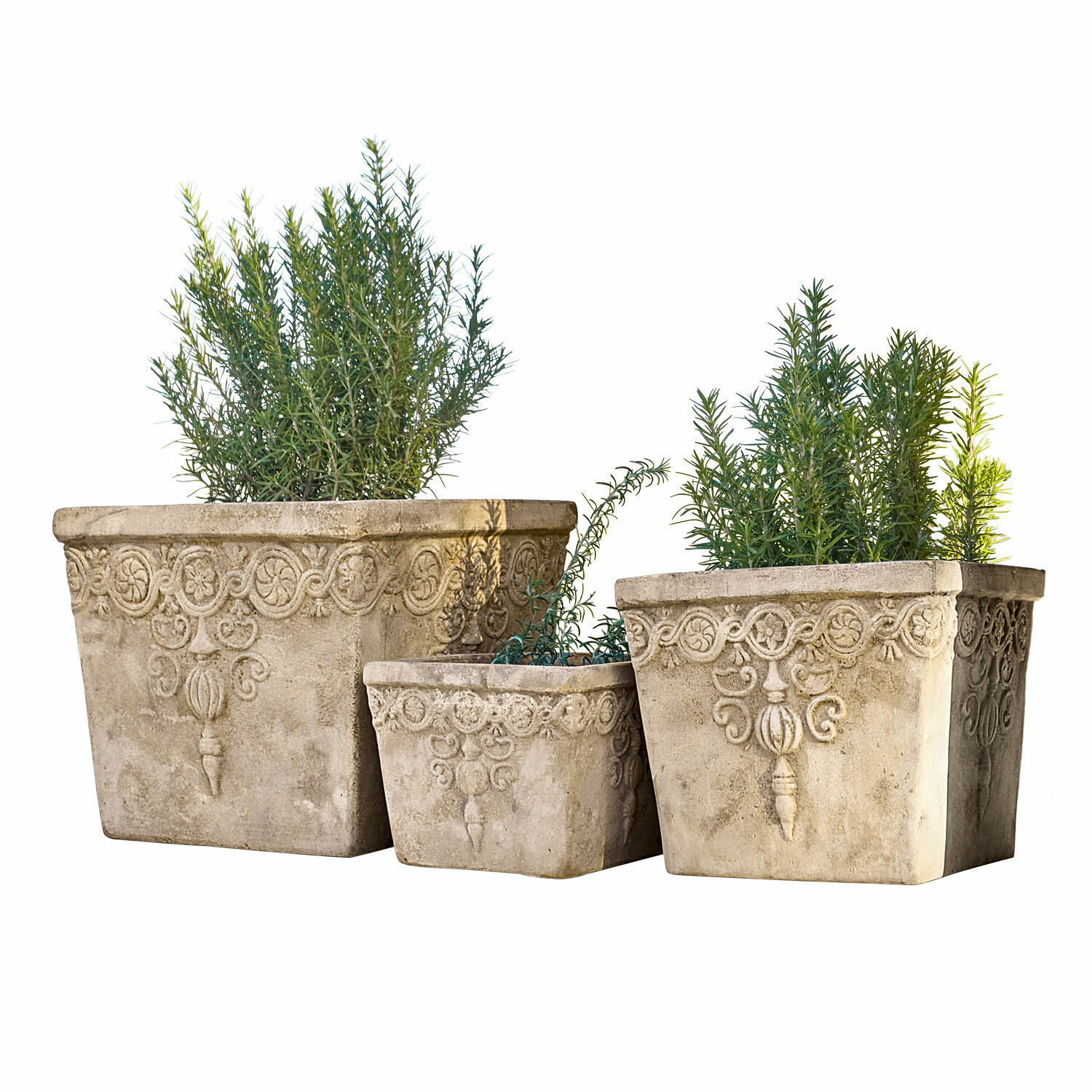 Übertopf 3er Set Bissone Set aus drei dekorativen Blumentöpfen aus beigem Beton mit grünen Pflanzen für den Garten