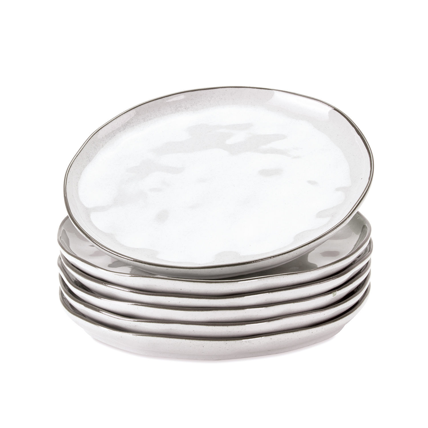 Dessertteller 6er Set Biarré Set aus sechs weissen Keramiktellern mit feinem grauem Rand zum Servieren von Speisen