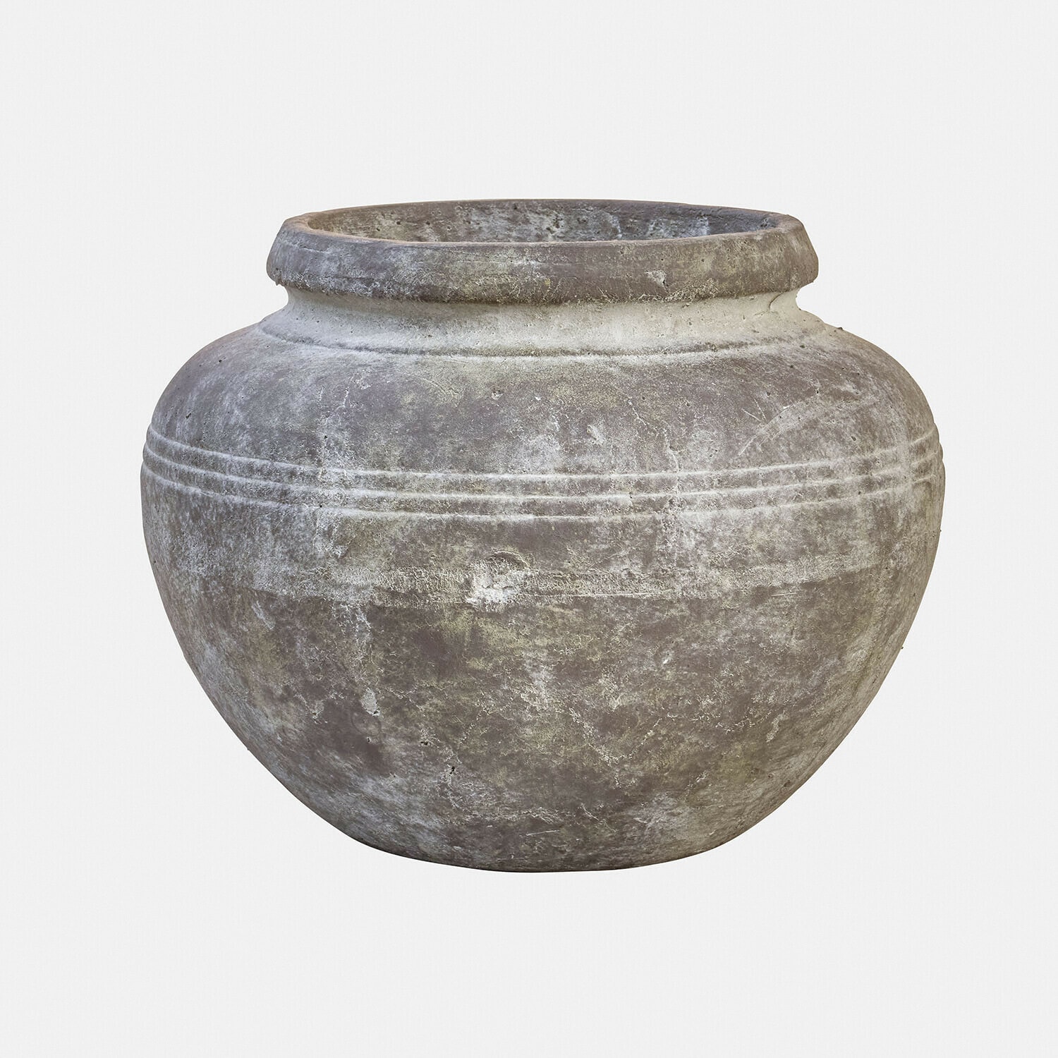 Große runde Vase aus grauem Stein mit feiner Verzierung, dekorativ für Garten oder Innenraum