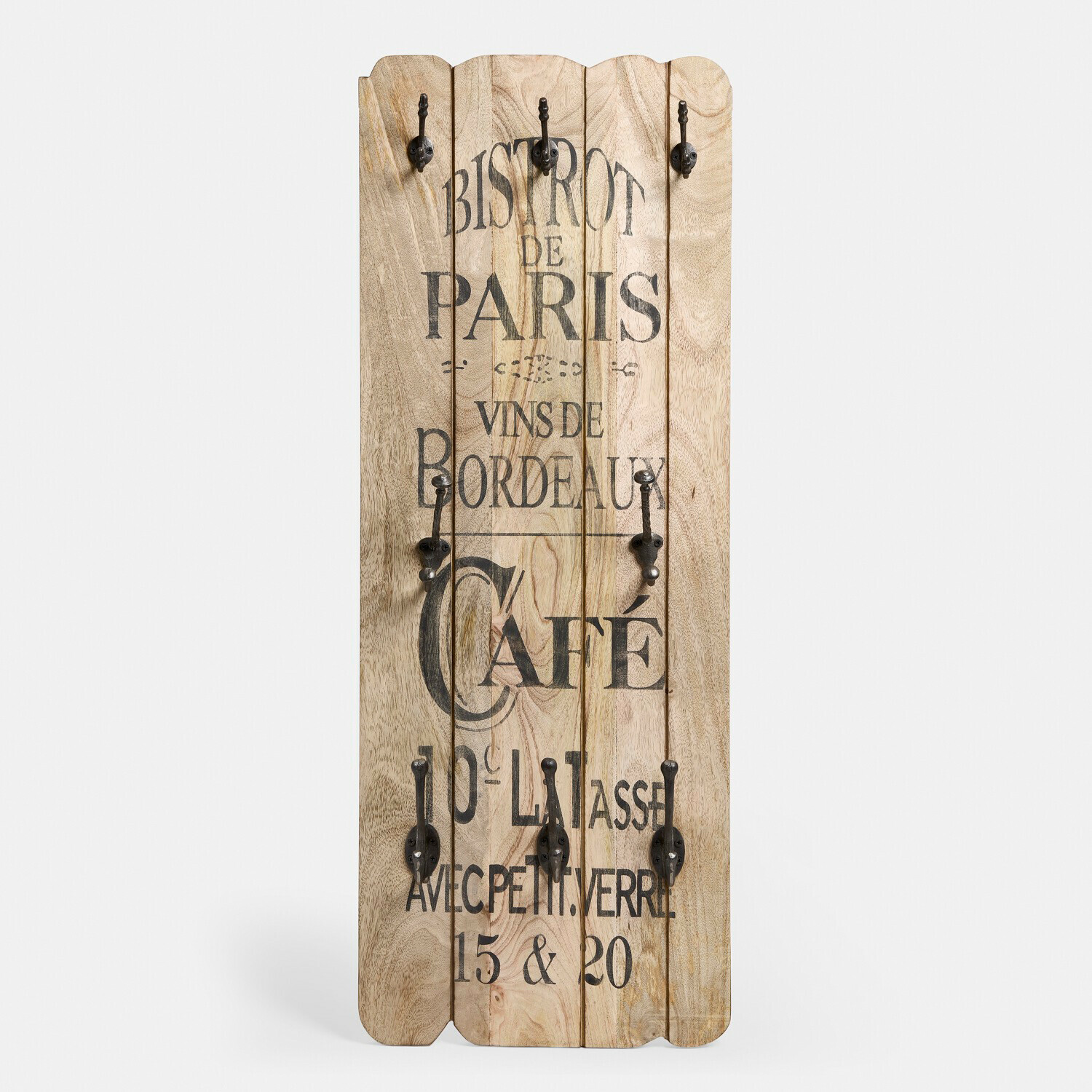 Hakenboard Frélomane Wandgarderobe aus hellem Holz mit schwarzen Metallhaken und französischem Vintage-Schriftzug