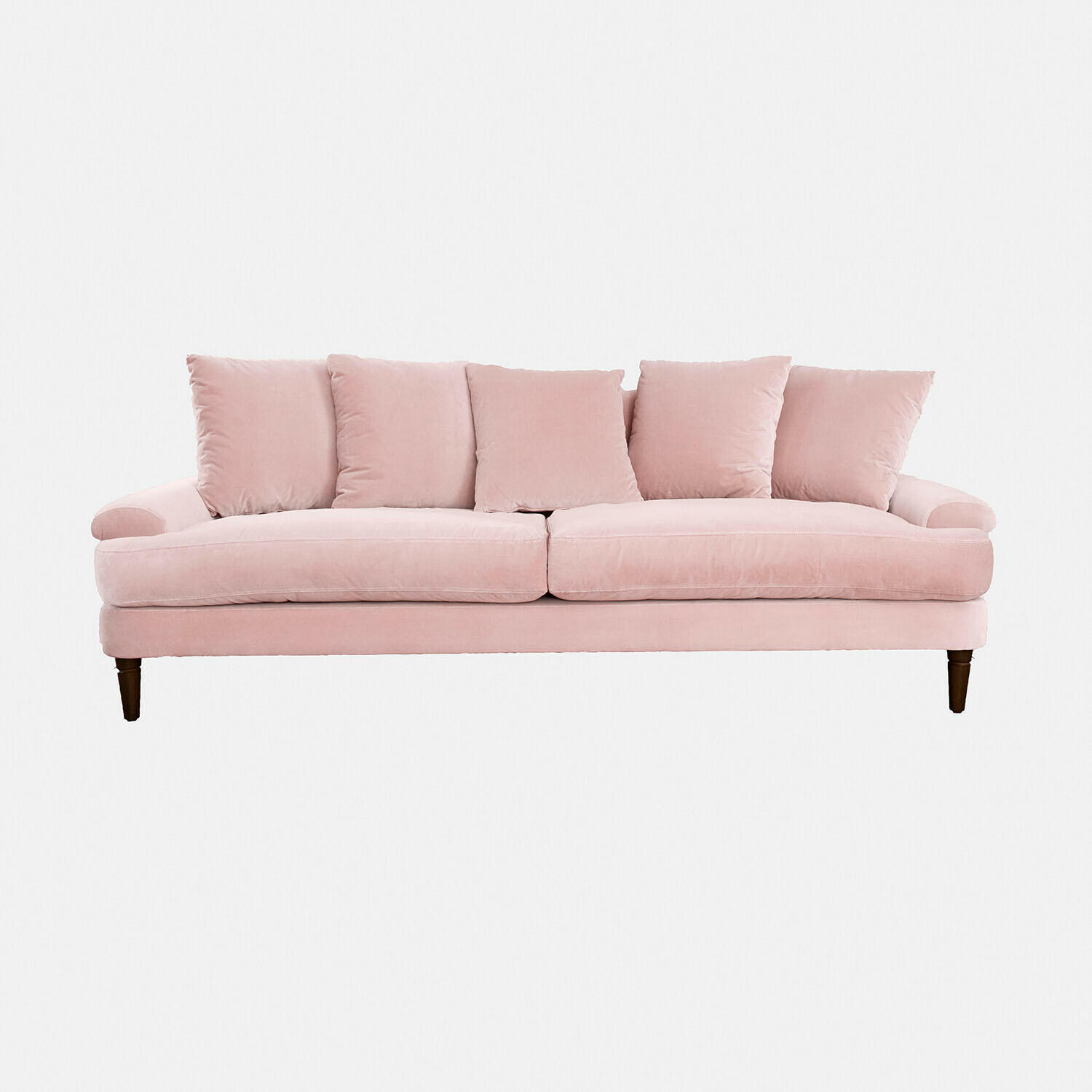 Sofa Rivermere Rosa Samtsofa mit fünf Kissen und Holzbeinen, gemütlich fürs Wohnzimmer
