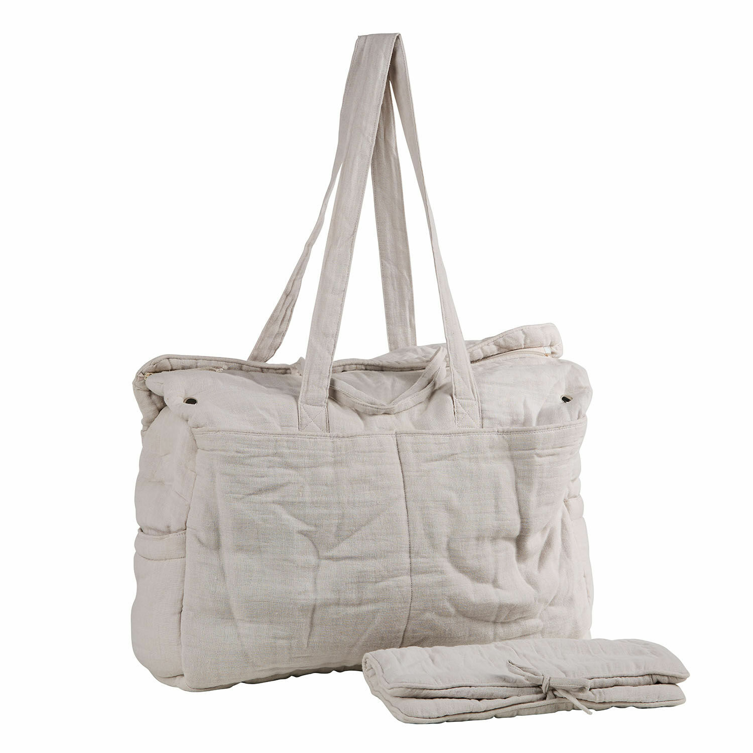 Wickeltasche Mireval Beige Stofftasche mit langen Tragegriffen und gefaltetem Element daneben, praktische Reisetasche