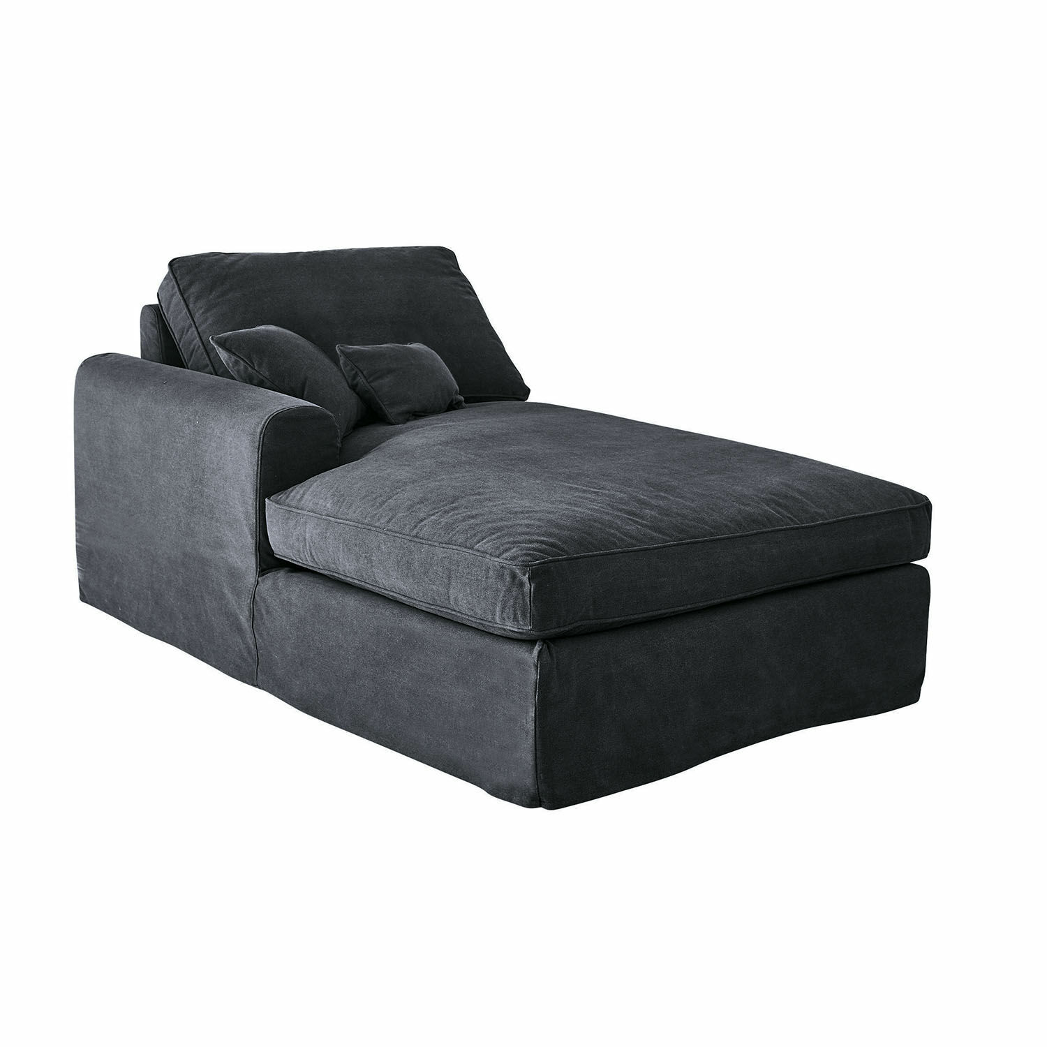 Chaiselongue Seaford Dunkelgraue Chaiselongue aus weichem Stoff für entspanntes Liegen, modernes Wohnzimmermöbel.