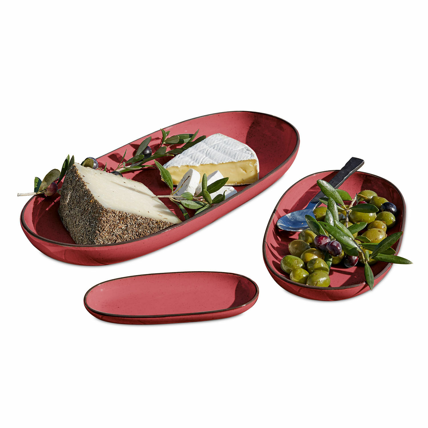 Servierplatte 3er Set Biarré Set aus drei roten ovalen Keramiktellern zum Servieren von Käse und Oliven