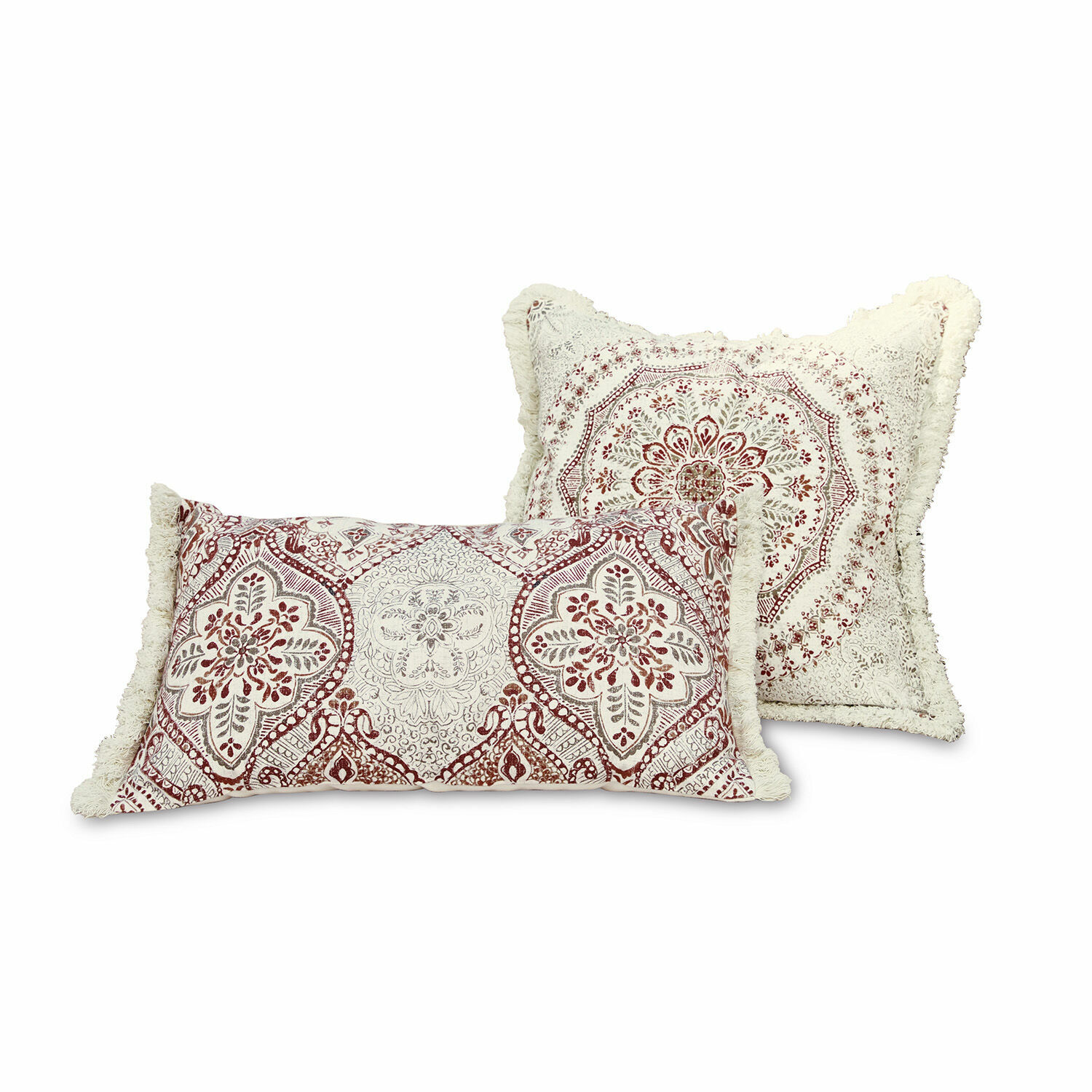 Kissenhülle 2er Set Margret Set aus zwei dekorativen Baumwollkissen in Creme-Rot mit Fransen und floralen Mustern
