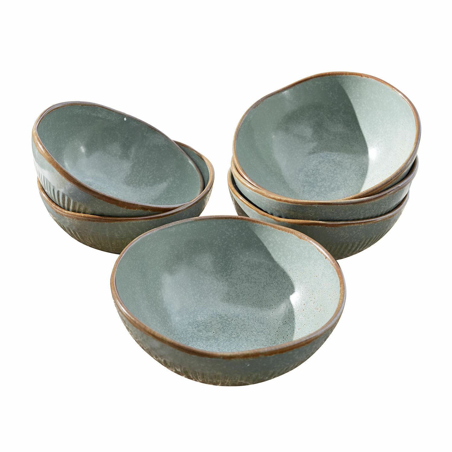 Schüssel 6er Set Périers Set aus grünen Keramikschalen mit braunem Rand, ideal zum Servieren von Suppe oder Salat