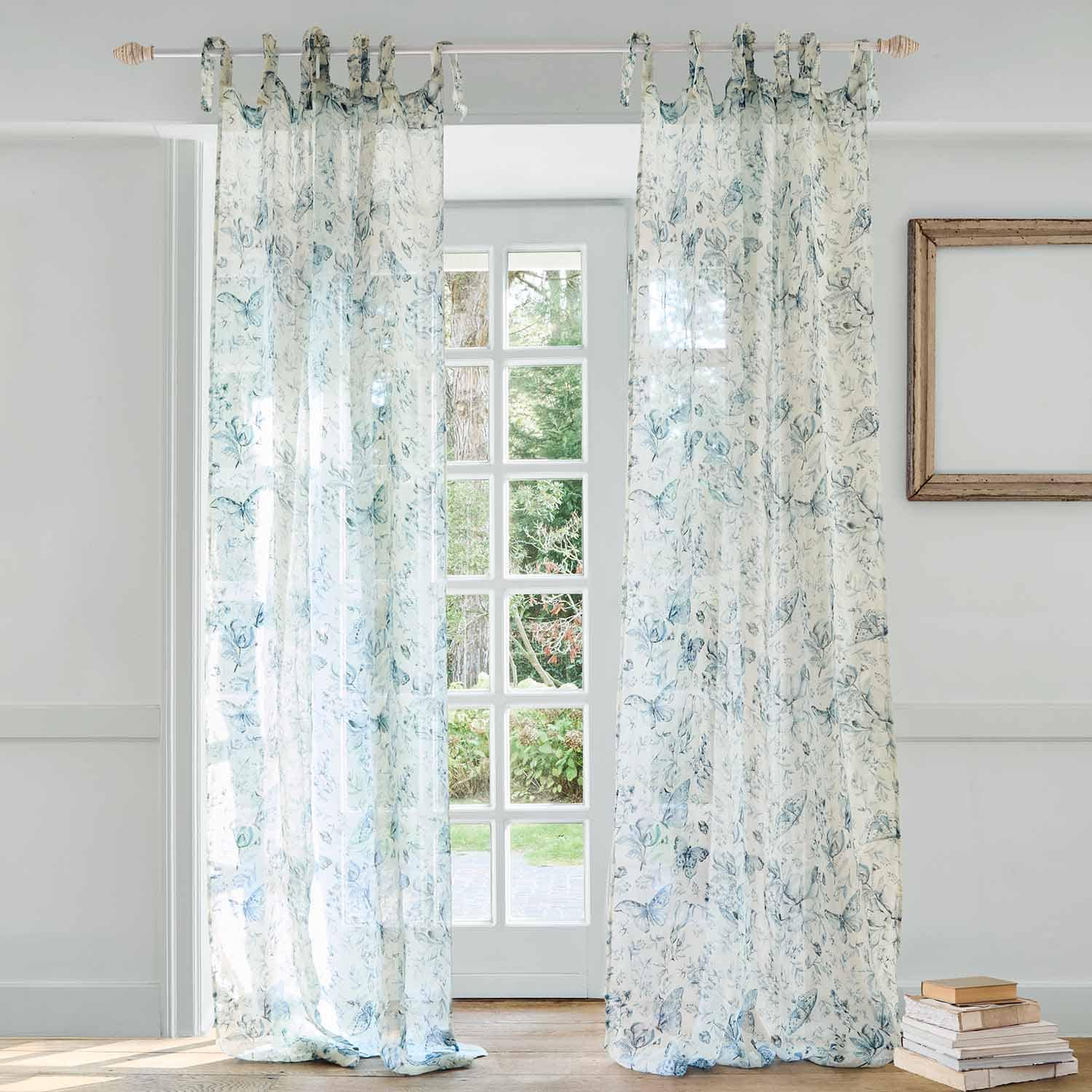 Transparente Vorhänge mit blauem Schmetterlingsmuster, leichte Stoffe für Wohnzimmer