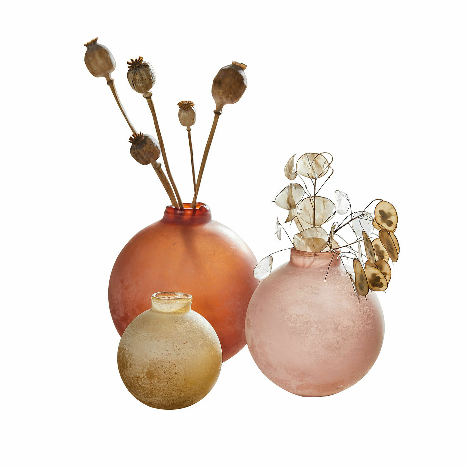 Vase 3er Set Imbrianno Set aus drei matten Glasvasen in Orange, Rosa und Gelb mit getrockneten Blumen als Dekoration