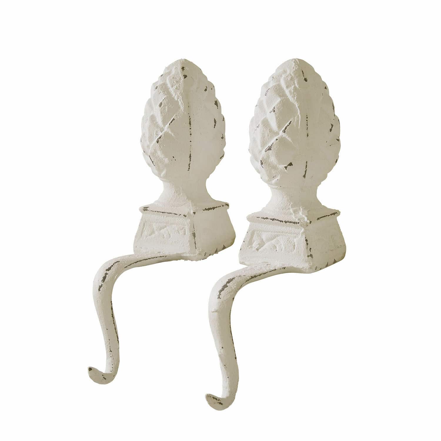 Eisenzapfen 2er Set Lucielle Paar weisse Metall-Wandhaken mit Zapfenmotiv für dekorative Innenraumgestaltung
