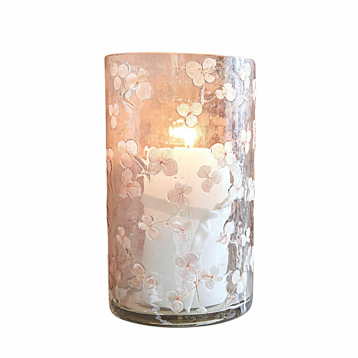 Windlicht Velindar Glaswindlicht mit weissen Blumenmustern und brennender weisser Kerze im Innern