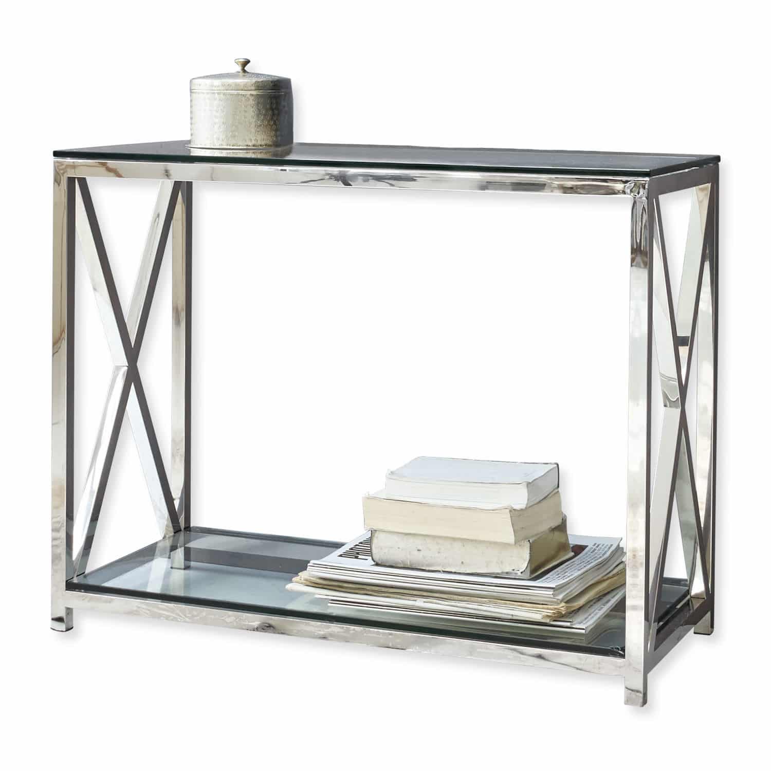 Konsole Dartford Moderne Konsole aus Edelstahl und Glas mit dekorativen Büchern und silberner Dose darauf