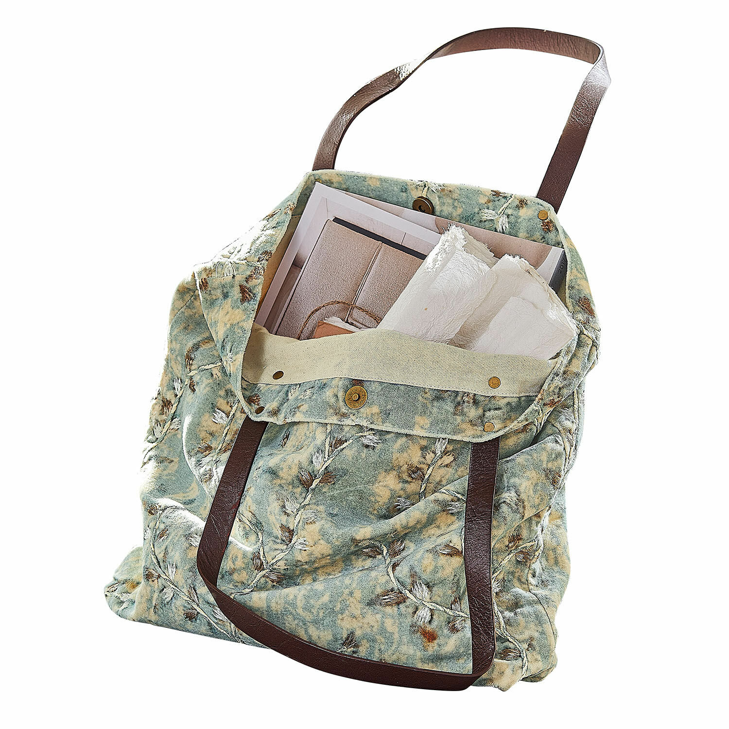Tasche LaRoux Tasche aus grün-beigem Stoff mit braunen Griffen, ideal für Einkäufe und den Alltag.