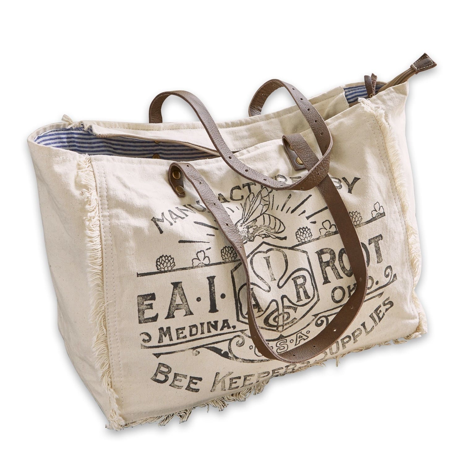 creme/braun Cremefarbene Baumwolltasche mit braunen Ledergriffen und Bienenmotiv, Einkaufstasche